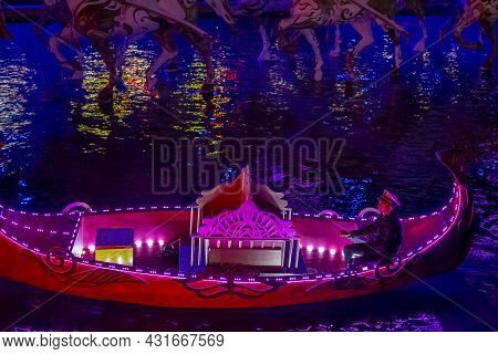 Boat Parade At Night In Land On Legends Kingdom, Famous Show For Tourists And Guests. Antalya, Turke