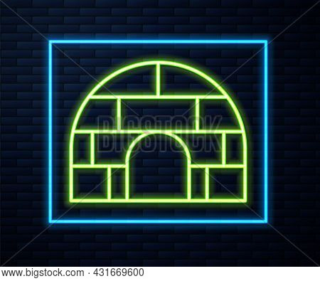 Glowing Neon Line Igloo Ice House Icon Isolated On Brick Wall Background. Snow Home, Eskimo Dome-sha