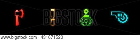 Set Wooden Axe, Chisel Tool, Grapple Crane Grabbed Log And Electric Circular Saw Icon. Vector