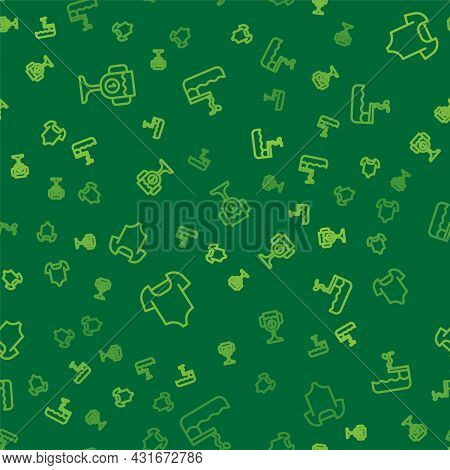 Set Line Award Cup, Swimsuit And Swimmer Diving Into Pool On Seamless Pattern. Vector