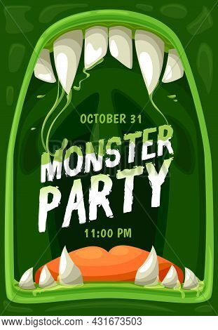 Halloween Monster Party Vector Poster With Frame Of Horror Zombie Mouth, Jaws With Scary Teeth, Fang