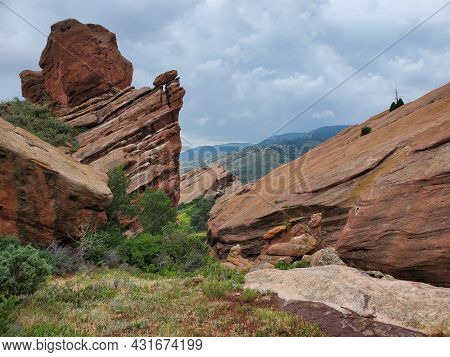 View Of Rock Formations From Red Rocks Trading Post Trail Near Morrison, Colorado Under Dramatic Sum