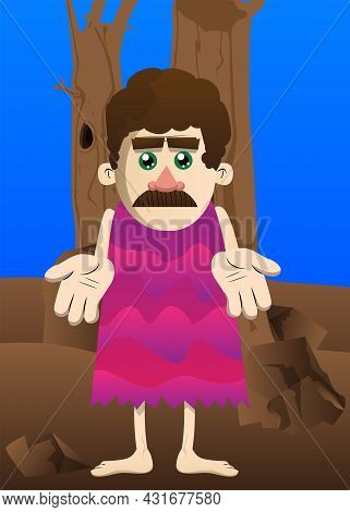 Cartoon Prehistoric Man Showing Something With Both Hands Or Expressing Don't Know Gesture. Vector I