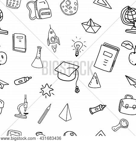 School Doodles, Pattern Seamless. Back To School Line Icons Supples, Equipment, Elements. Hand Drawn