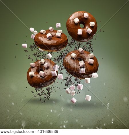 Flying Chocolate Glazed Doughnuts Decotrated With Marshmallows