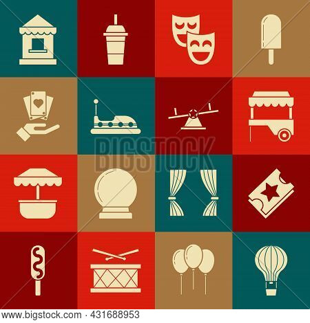 Set Hot Air Balloon, Ticket, Fast Street Food Cart With Awning, Comedy Theatrical Masks, Bumper, Han