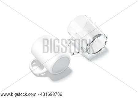Blank Ceramic And Glass 8 Oz Mug With Square Handle Mockup, 3d Rendering. Empty Glassful And Porcela