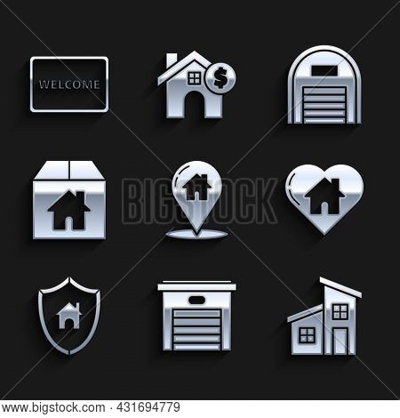 Set Map Pointer With House, Garage, House, Heart Shape, Shield, Cardboard Box, Warehouse And Doormat