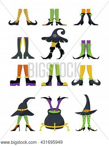 Witches Leg Vector Set. Halloween Funny, Scary Feet Boots. Vintage, Colorful Stockings Of Witch.