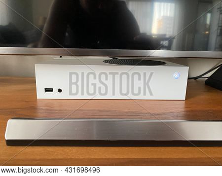 Istanbul, Turkey - 2020, November 03: New Video Game Console Xbox Series S Under Tv. Ready To Use.