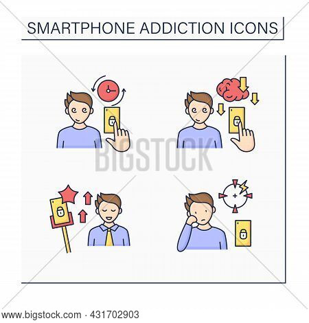 Smartphone Addiction Color Icons Set. Virtual World. Encouraging Self Absorption, Diminishing Abilit