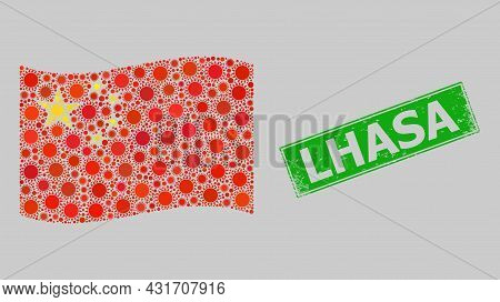Rubber Lhasa And Mosaic Waving China Flag Constructed With Sun Items. Green Seal Has Lhasa Tag Insid