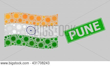 Distress Pune And Mosaic Waving India Flag Designed With Sun Items. Green Stamp Seal Contains Pune T