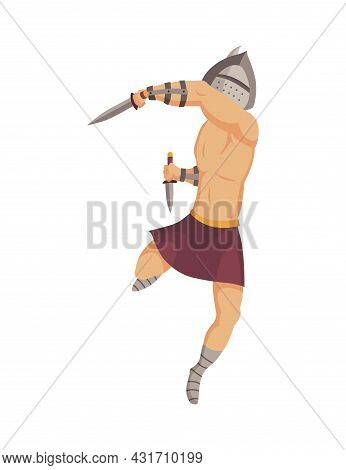 Ancient Rome Gladiator. Vector Roman Warrior Character In Armor With Swords. Flat Illustration In Ca
