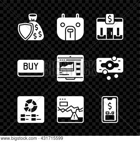 Set Shield And Money Bag, Bear Market, Bank Building, Pie Chart Infographic, Failure Stocks, Mobile 