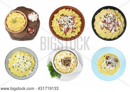 Set With Delicious Traditional Banosh On White Background, Top View