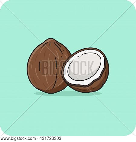 Coconut And Half Coconut Brown Hard Shelled Flat Design And Isolated On Blue Background.