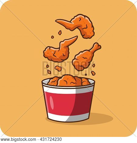 Fried Chicken Spicy In Bucket Red Color, Isolated And Flat Design On Yellow Background.