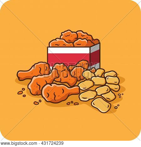 Fried Chicken Wings With Nuggets, Isolated And Flat Design On Yellow Background.