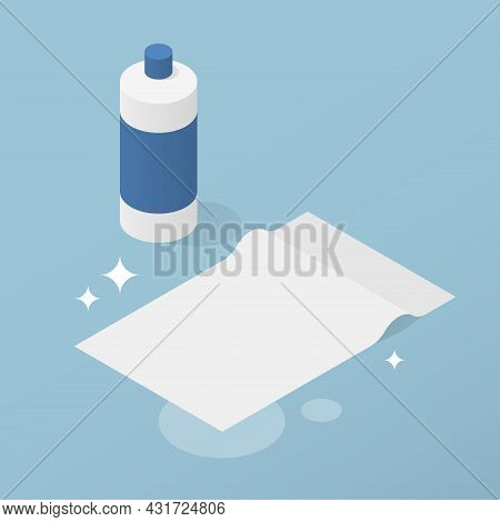 Isometric Home Cleaning Supplies Vector Illustration. Plastic Bottle With Sanitizer And Tissue Rag F