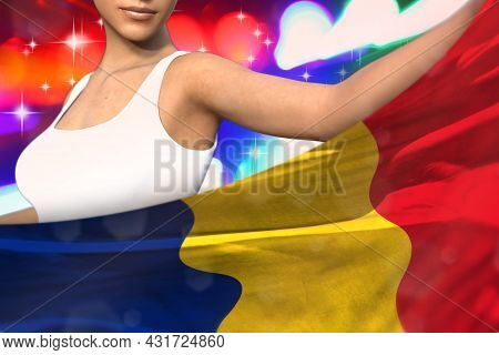 Beautiful Woman Is Holding Romania Flag In Front Of Her On The  Party Lights - Flag Concept 3d Illus