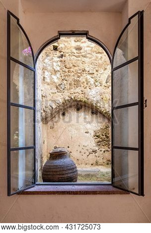 Naples, Ischia, Italy - July  05 2021: Window Overlooking The Courtyard Of The Aragonese Castle Of I