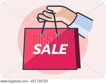 Hand Gesture Holding A Shopping Bag On Sale, Emoji, Vector Design, Icon, Flat Design And Isolated.