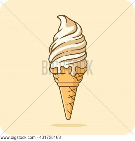 Vanilla Ice Cream On A Cone Is Perfect For Summer, Icon Flat Design On Yellow Background.