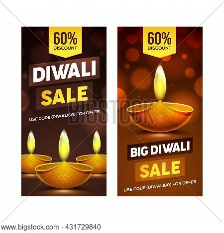 Happy Diwali Sale Banner Design With Diya Oil Lamp Elements On Brown Background, Bokeh Sparkling Eff