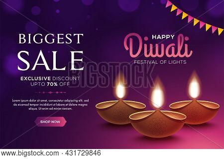 Happy Diwali Sale Design With Diya Oil Lamp Elements On Pink Background, Bokeh Sparkling Effect