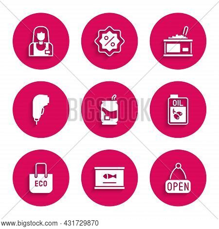 Set Soda Can, Canned Fish, Hanging Sign With Open, Bottle Of Olive Oil, Shopping Bag Recycle, Scanne