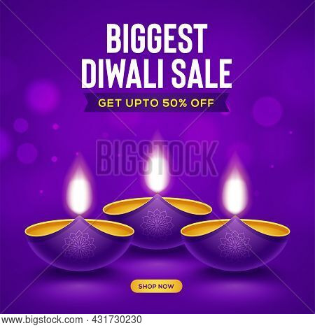 Happy Diwali Sale Design With Diya Oil Lamp Elements On Purple Background, Bokeh Sparkling Effect