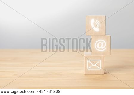 Contact Us Icon Phone, Email, Mail On Wood Cube, Customer Service And Support. Wooden Cubes With Sym