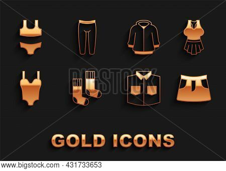 Set Socks, Undershirt, Skirt, Shirt, Swimsuit, Hoodie, And Leggings Icon. Vector