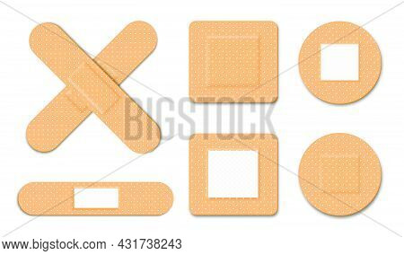 First Aid, Medical Bandage Or Patch. Adhesive Plaster For Damaged Skin And Wound. Set Of Different M