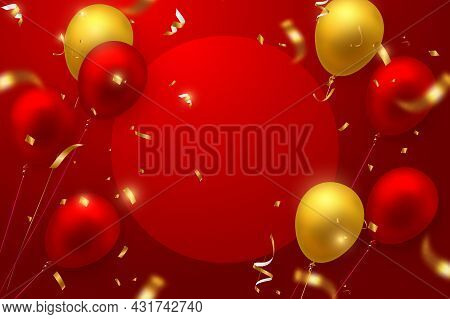 Elegant Luxury Golden Red Ballon And Party Popper Ribbon Happy Birthday Celebration Card Banner Temp