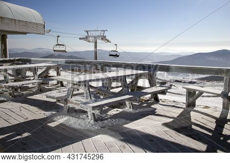 Ski Funicular On The Top Of The Mountain. Snow-capped Mountains. A Ski Resort Without People. Funicu