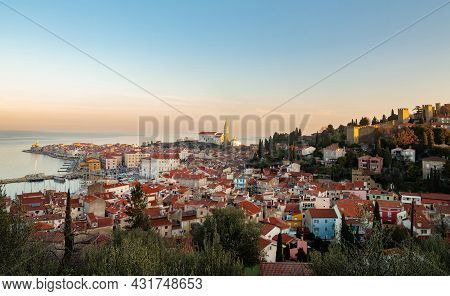 Panoramic View Of Old Coastal Town Piran In Slovenia