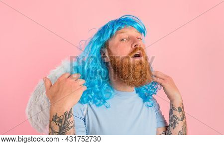 Man With Beard And Blue Peruke Acts Like An Agel With Wings