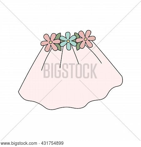 Wedding Bridal Veil With Flower Crown. Pastel Vector Illustration Isolated On White Background. Icon
