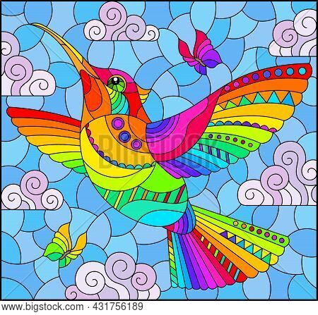 An Illustration In The Style Of A Stained Glass Window With A Bright Cartoon Hummingbird Bird On A B