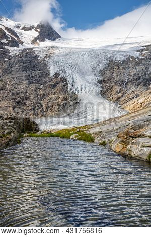 Mountain Glacier In Alpine Valley. Schlaten Glacier, German: Schlatenkees, Hohe Tauern National Park