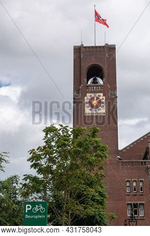 Amsterdam, Netherlands - August 14, 2021: Closeup Of Clock Tower Of Stock Exchange On Beursplein Wit
