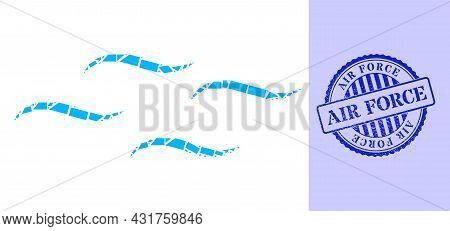 Debris Mosaic Air Icon, And Blue Round Air Force Textured Stamp Seal With Word Inside Round Shape. A