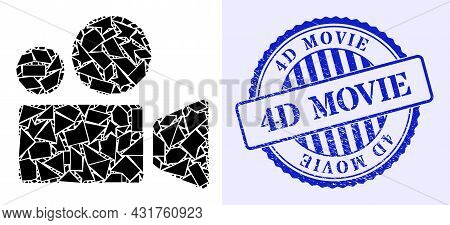 Fragment Mosaic Cinema Camera Icon, And Blue Round 4d Movie Grunge Stamp Imitation With Tag Inside R