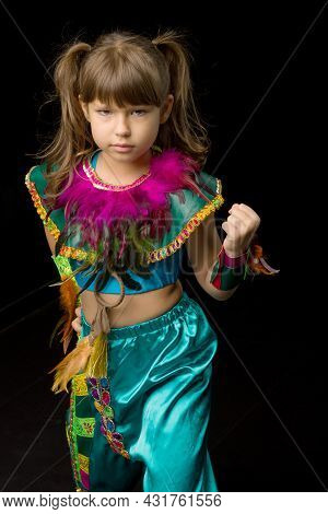 Girl Dancer Wearing Bright Ethnic Costume. Beautiful Preteen Girl Dressed Blue Silk Pants And Tank T