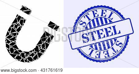 Shard Mosaic Horseshoe Magnet Icon, And Blue Round Steel Rough Stamp With Caption Inside Round Form.