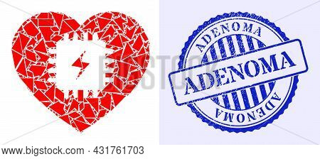 Shards Mosaic Heart Pacemaker Icon, And Blue Round Adenoma Scratched Stamp Imitation With Caption In