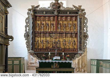 Gudow, Germany, November 13, 2020: Medieval Carved Altar Under Influence Of Master Bertram In The St