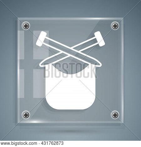 White Knitting Icon Isolated On Grey Background. Wool Emblem With Knitted Fabric And Needle. Label F